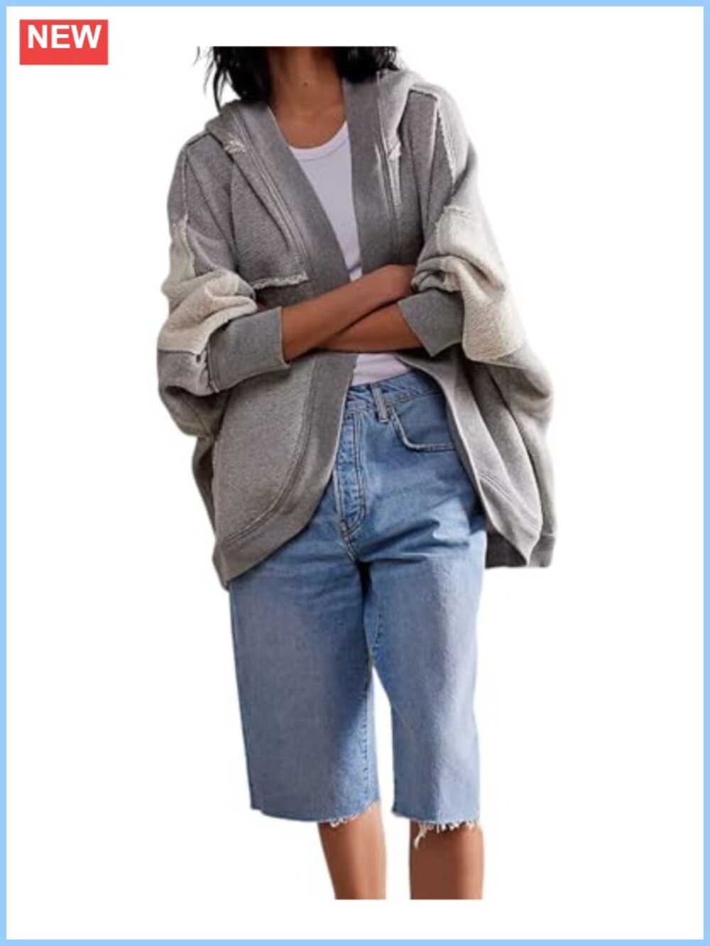 Open Front Hooded Cardigan Oversized Batwing Sleeve Patchwork Sweatshirt